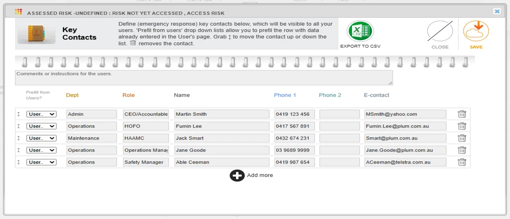 SHEQ2GO key contacts screen