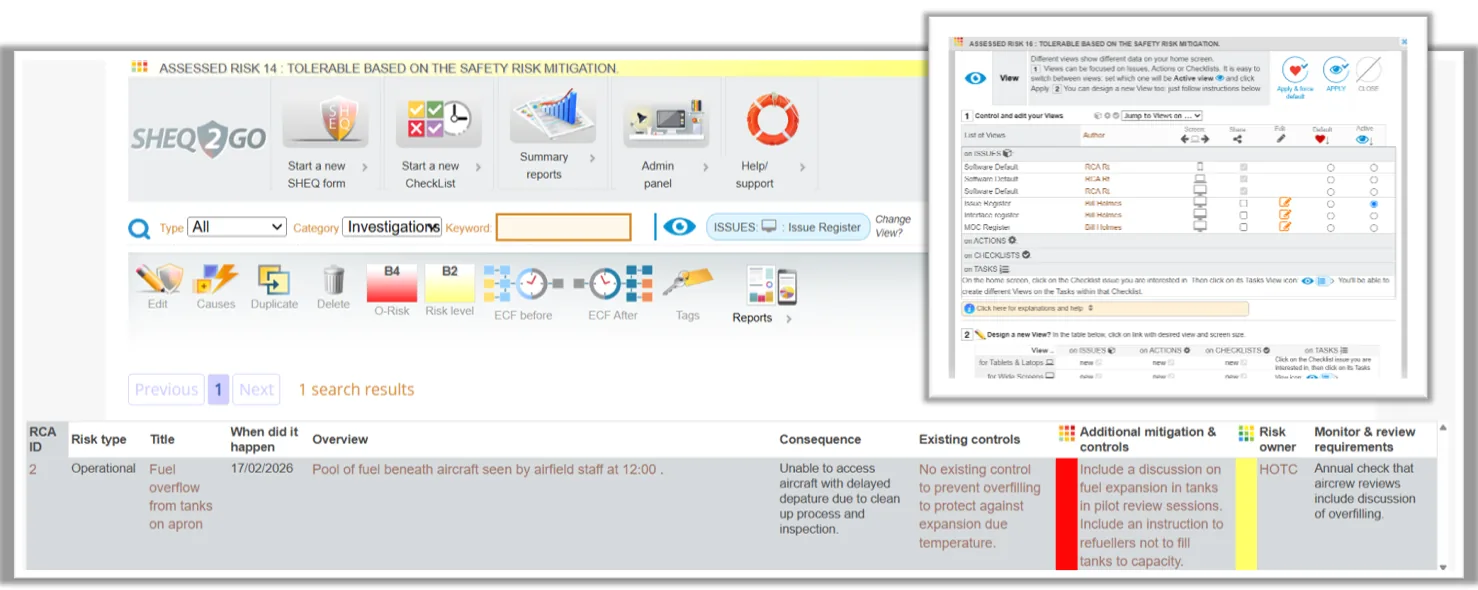 SHEQ2GO hazard and occurrence register with custom views